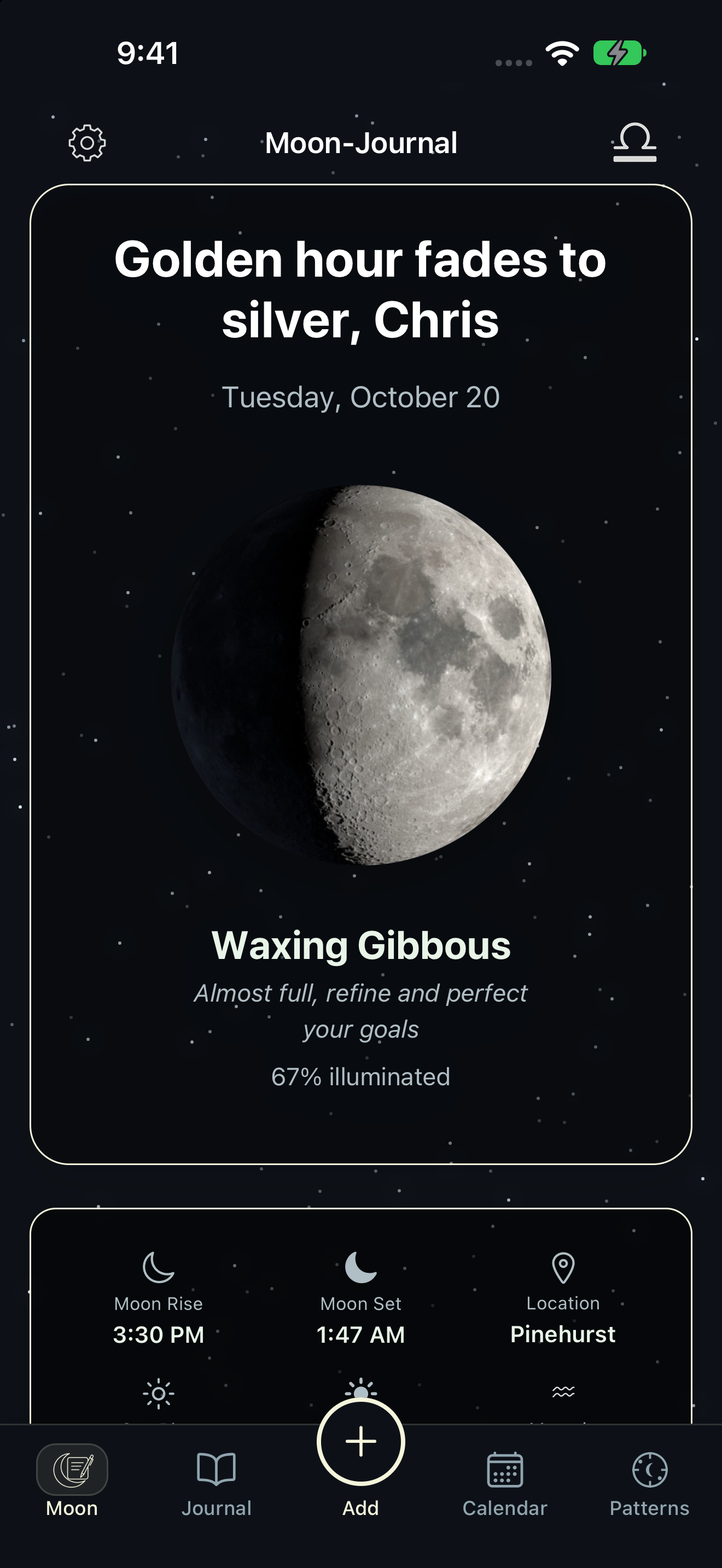 Moon-Journal 1.4 Home screen with the current Moon phase and lunar details
